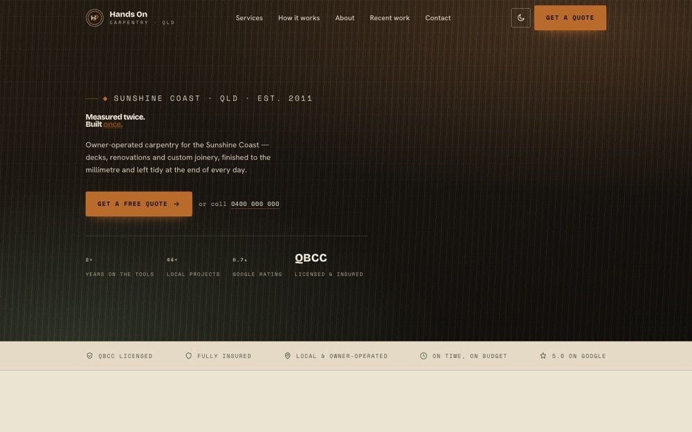 Screenshot of the Hands On Carpentry website